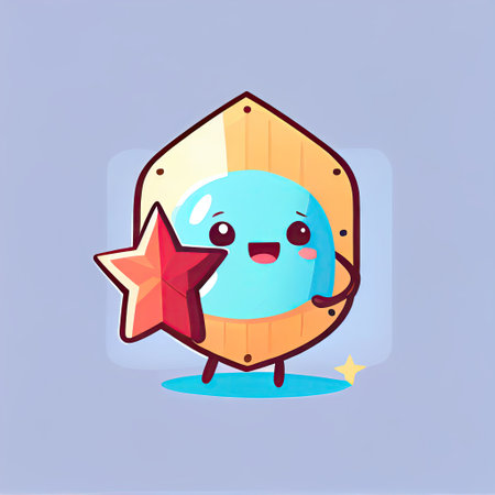 cute star cartoon character holding a shield, cartoon style, modern simple illustrationの写真素材
