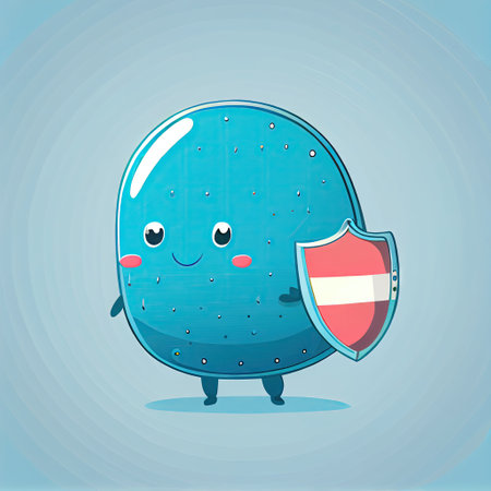 cute whale cartoon character holding a shield, cartoon style, modern simple illustrationの写真素材