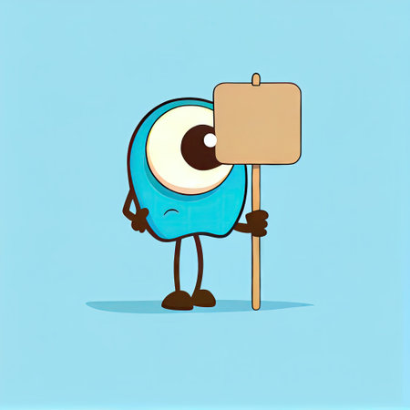 cute eye cartoon character holds an empty sign on a stick, cartoon style, modern simple illustration