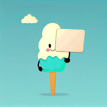 cute ice cream cartoon character holds an empty sign on a stick, cartoon style, modern simple illustrationの写真素材