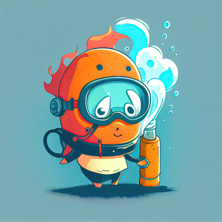 cute fire cartoon character in an underwater mask with a tube, cartoon style, modern simple illustrationの写真素材