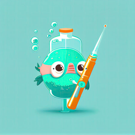 cute medical syringe cartoon character in an underwater mask with a tube, cartoon style, modern simple illustrationの写真素材