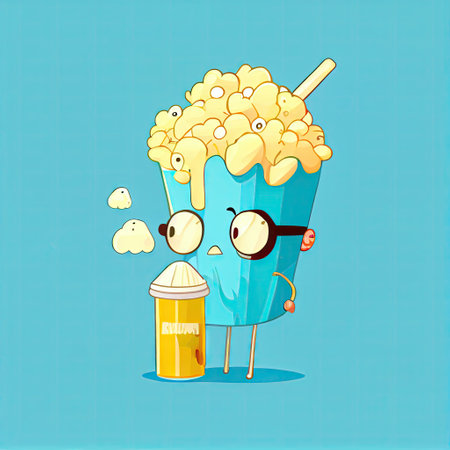 cute popcorn cartoon character in an underwater mask with a tube, cartoon style, modern simple illustrationの写真素材