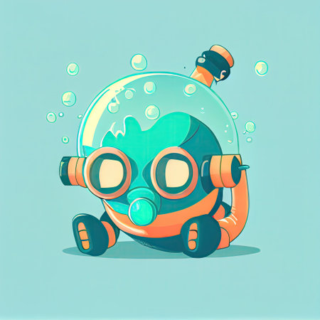 cute tank cartoon character in an underwater mask with a tube, cartoon style, modern simple illustrationの写真素材