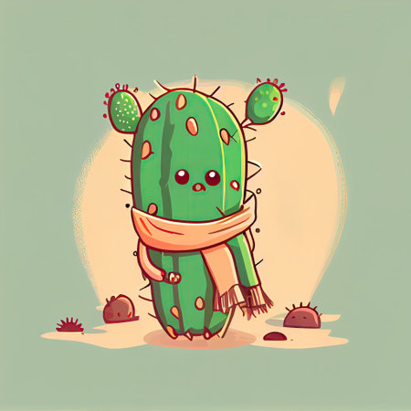 cute cactus cartoon character in a scarf, cartoon style, modern simple illustrationの写真素材
