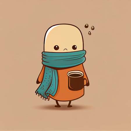 cute cup of coffee cartoon character in a scarf, cartoon style, modern simple illustrationの写真素材