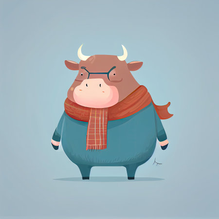 cute fat bull cartoon character in a scarf, cartoon style, modern simple illustrationの写真素材