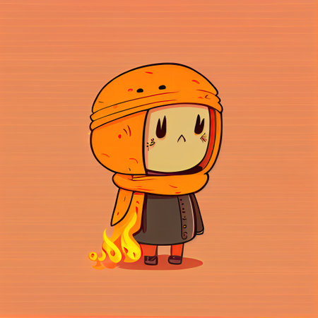 cute fire cartoon character in a scarf, cartoon style, modern simple illustrationの写真素材