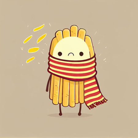 cute french fries cartoon character in a scarf, cartoon style, modern simple illustrationの写真素材