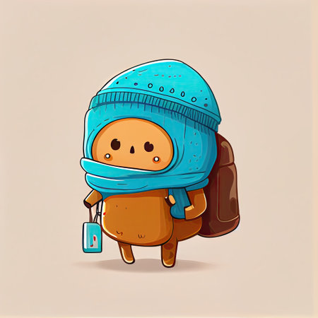 cute pick backpack cartoon character in a scarf, cartoon style, modern simple illustration