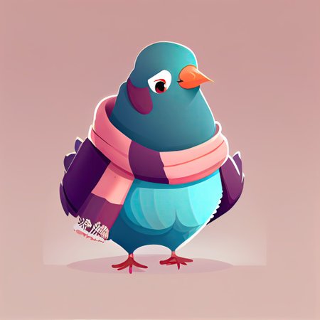 cute pigeon cartoon character in a scarf, cartoon style, modern simple illustrationの写真素材