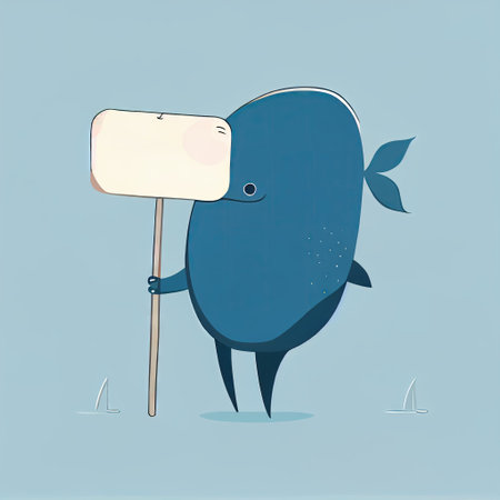 cute whale cartoon character holds an empty sign on a stick, cartoon style, modern simple illustrationの写真素材