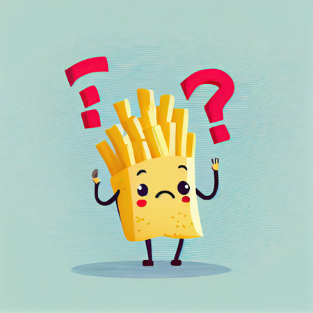 cute french fries cartoon character with questions sign over his head, cartoon style, modern simple...