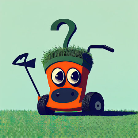 cute lawn mower cartoon character with questions sign over his head, cartoon style, modern simple illustrationの写真素材