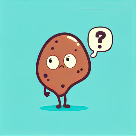 cute liver cartoon character with questions sign over his head, cartoon style, modern simple illustrationの写真素材