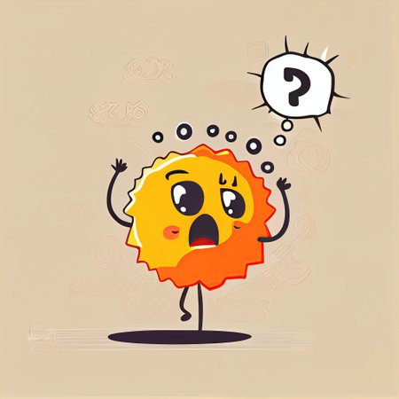 cute sun cartoon character with questions sign over his head, cartoon style, modern simple illustrationの写真素材