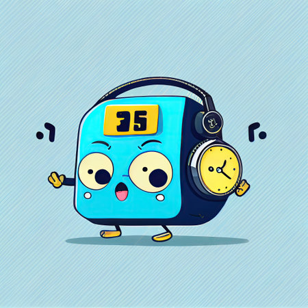 cute alarm clock cartoon character with headphones listening to music, cartoon style, modern simple...