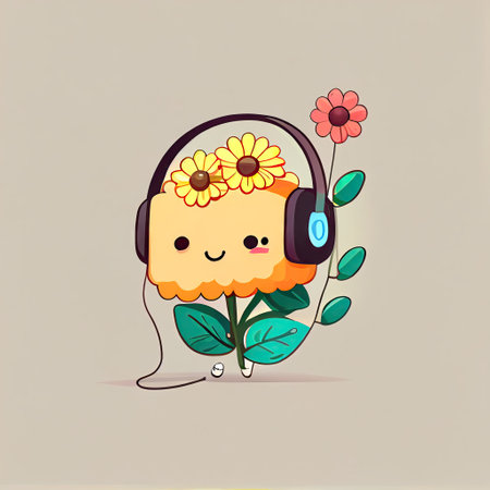 cute bouquet of flowers cartoon character with headphones listening to music, cartoon style, modern simple illustrationの写真素材