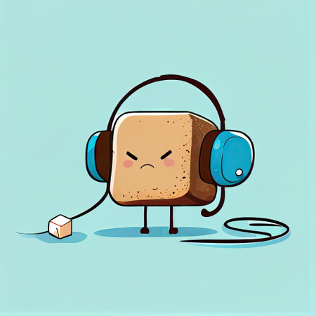 cute cane sugar cube cartoon character with headphones listening to music, cartoon style, modern...