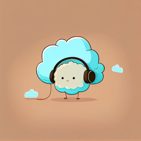 cute cloud cartoon character with headphones listening to music, cartoon style, modern simple illustrationの写真素材