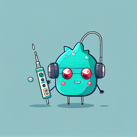 cute medical syringe cartoon character with headphones listening to music, cartoon style, modern simple illustrationの写真素材