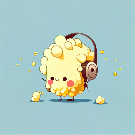 cute popcorn cartoon character with headphones listening to music, cartoon style, modern simple illustrationの写真素材
