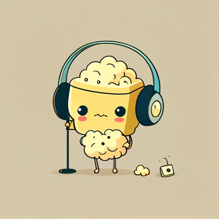 cute popcorn cartoon character with headphones listening to music, cartoon style, modern simple illustrationの写真素材