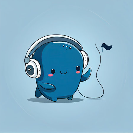cute whale cartoon character with headphones listening to music, cartoon style, modern simple illustrationの写真素材