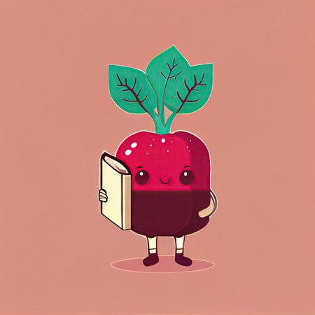 cute beetroot cartoon character with a book in hands, cartoon style, modern simple illustrationの写真素材
