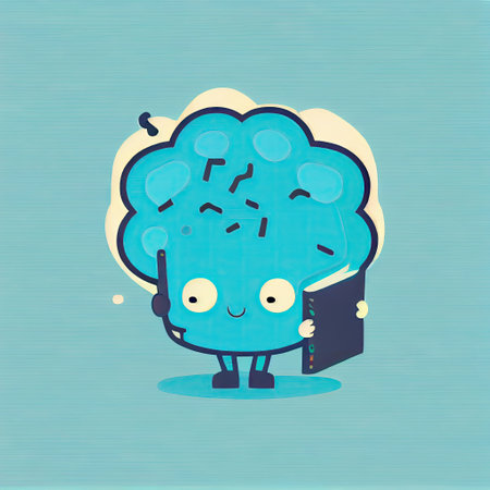 cute brain cartoon character with a book in hands, cartoon style, modern simple illustrationの写真素材