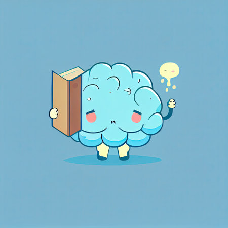 cute brain cartoon character with a book in hands, cartoon style, modern simple illustrationの写真素材