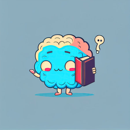 cute brain cartoon character with a book in hands, cartoon style, modern simple illustrationの写真素材