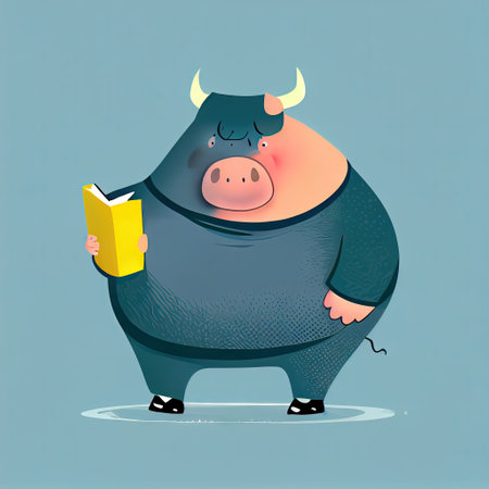 cute fat bull cartoon character with a book in hands, cartoon style, modern simple illustrationの写真素材