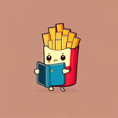 cute french fries cartoon character with a book in hands, cartoon style, modern simple illustration