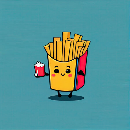 cute french fries cartoon character with a book in hands, cartoon style, modern simple illustration