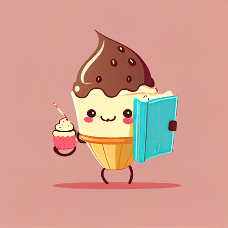 cute ice cream cartoon character with a book in hands, cartoon style, modern simple illustration