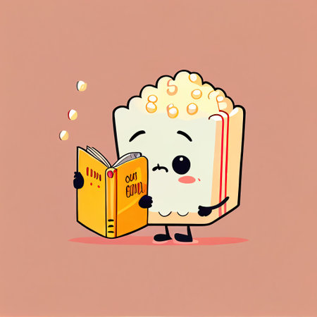 cute popcorn cartoon character with a book in hands, cartoon style, modern simple illustrationの写真素材
