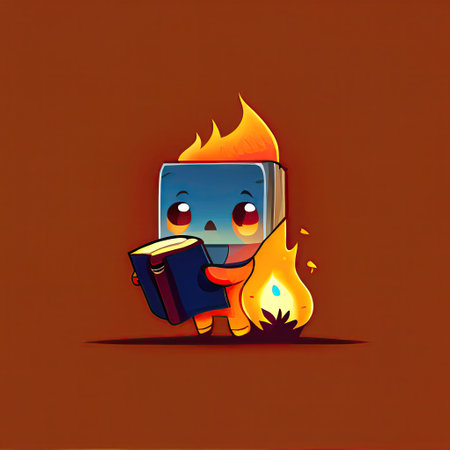 cute flame cartoon character with a book in hands, cartoon style, modern simple illustrationの写真素材