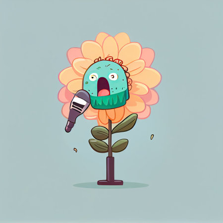 cute bouquet of flowers cartoon character sings into the microphone, cartoon style, modern simple illustrationの写真素材