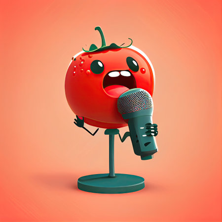 cute tomato cartoon character sings into the microphone, cartoon style, modern simple illustrationの写真素材