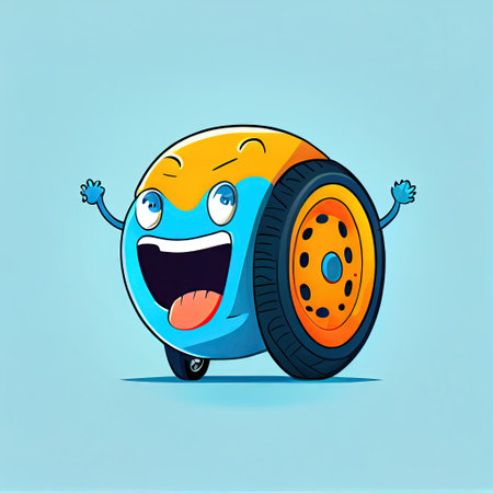 cute car wheel cartoon character shows the tongue, cartoon style, modern simple illustrationの写真素材
