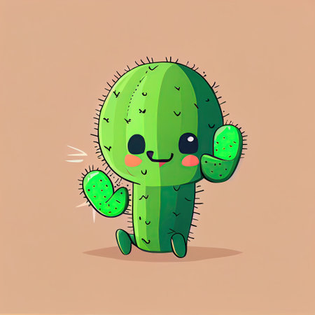 cute cactus cartoon character shows hands gesture thumbs up, cartoon style, modern simple illustrationの写真素材