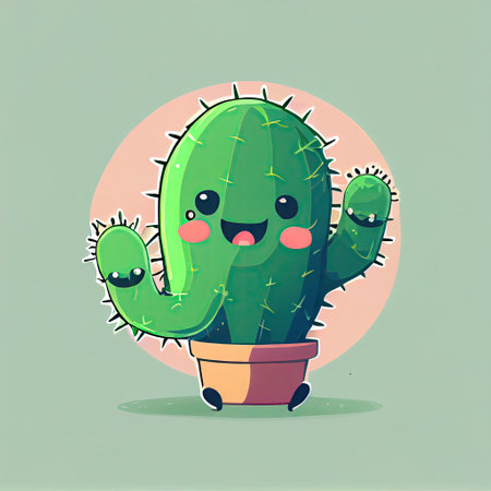 cute cactus cartoon character shows hands gesture thumbs up, cartoon style, modern simple illustrationの写真素材