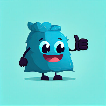 cute garbage bag cartoon character shows hands gesture thumbs up, cartoon style, modern simple illustrationの写真素材