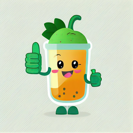 cute smoothie cartoon character shows hands gesture thumbs up, cartoon style, modern simple illustrationの写真素材