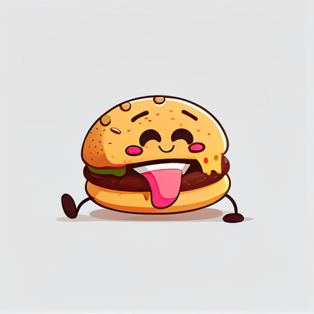 cute burger cartoon character shows emoji rolling on the floor laughing, cartoon style, modern simple illustrationの写真素材