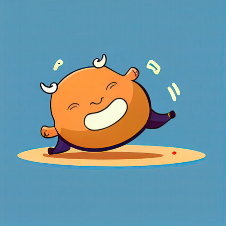 cute fat bull cartoon character shows emoji rolling on the floor laughing, cartoon style, modern simple illustrationの写真素材