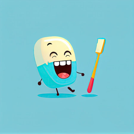 cute toothbrush cartoon character shows emoji rolling on the floor laughing, cartoon style, modern simple illustrationの写真素材