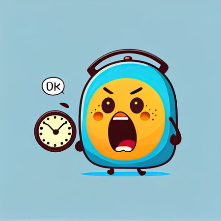 cute alarm clock cartoon character shows emoji loudly crying face, cartoon style, modern simple illustrationの写真素材