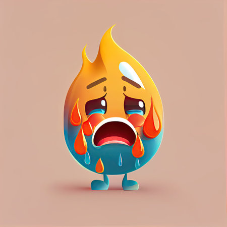 cute fire cartoon character shows emoji loudly crying face, cartoon style, modern simple illustrationの写真素材